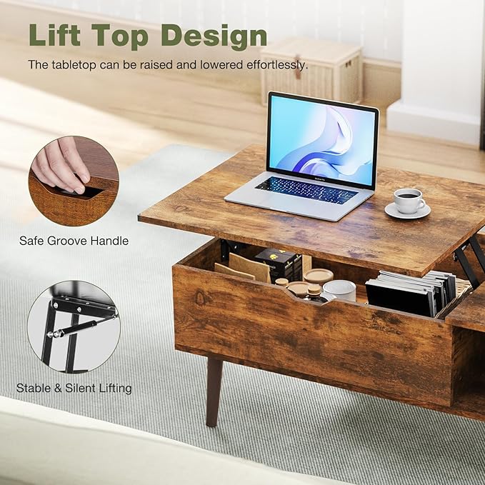 OLIXIS Wooden Coffee Table, Lift Top Coffee Table with Large Hidden Compartment and Ample Storage Shelf, Lift Tabletop Dining Table for Living Room, Home Small Space, Weathered Wood
