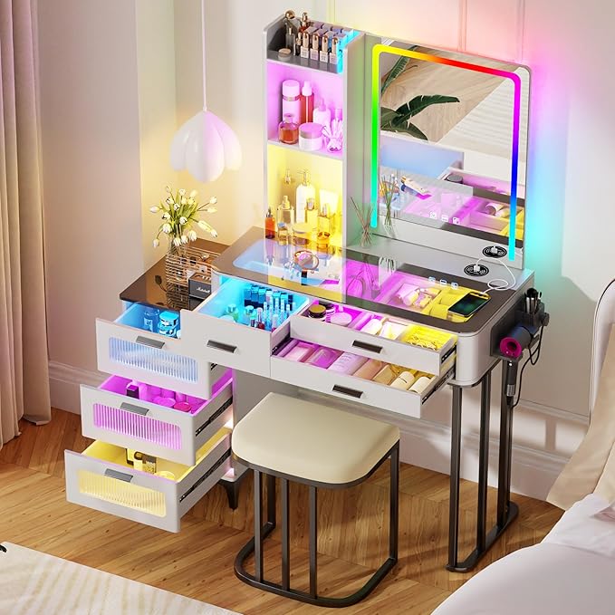 HNEBC Vanitys with HD Glass Display Table, Makeup Desk with Lighted Mirror and Charging Station, Dressing Table with RGB Lights,Jewelry Organizer,Cabinet,6Drawers,Chair for Women/Girls (White)