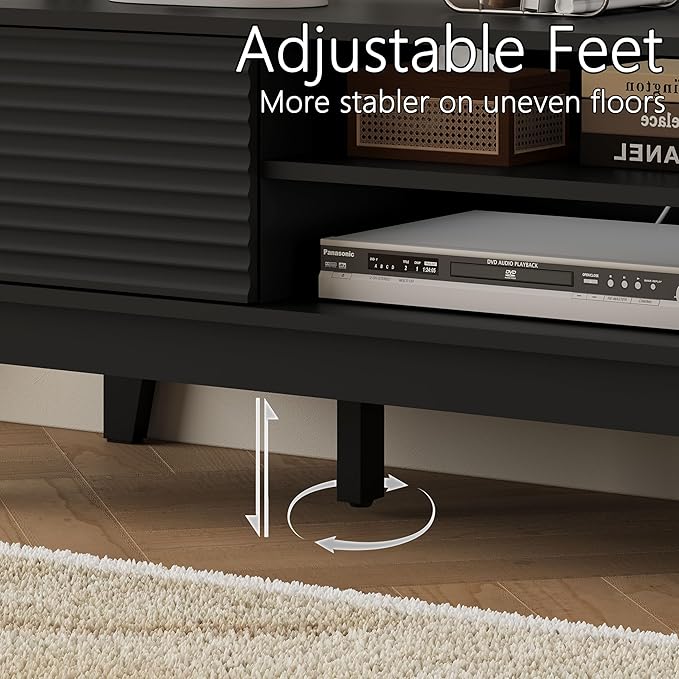 Fluted TV Stand for 55 65 Inch TV, Mid Century Modern Entertainment Center with Shelves, Cabinets & Sliding Doors, TV Media Console Table with Wood Feet & Cord Holes for Living Room, Bedroom, Black