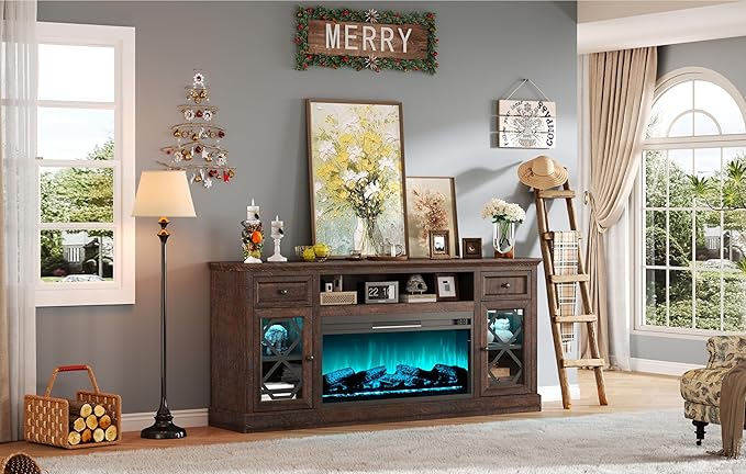 AMERLIFE Farmhouse 70" Fireplace TV Stand with 37" Fireplace, Large LED Media Entertainment Center for 80" TVs, 31" Tall Highboy TV Console Cabinet with Diamond Door for Living Room, Espresso