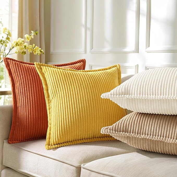 decorUhome Fall Corduroy Mustard Yellow Throw Pillow Covers 24x24 Set of 2 Decorative Soft Boho Striped Neutral Euro Farmhouse Couch Pillow Covers with Broadside for Living Room Bed Sofa
