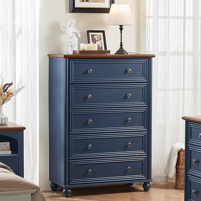 Farmhouse 5 Drawers Dresser for Bedroom, Wood 45" Tall Chest of Drawers, Dresser Rustic Storage Dressers Organizer with Metal Handle Closet for Living Room, Hallway Entryway