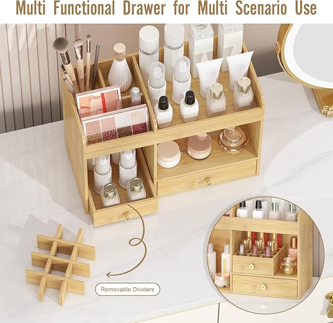 Makeup Organizer with Drawers, Bamboo Countertop Cosmetic Storage for Dresser Vanity Organizer Beauty Desk Skincare Holders Container Make Up Organizing for Lipstick