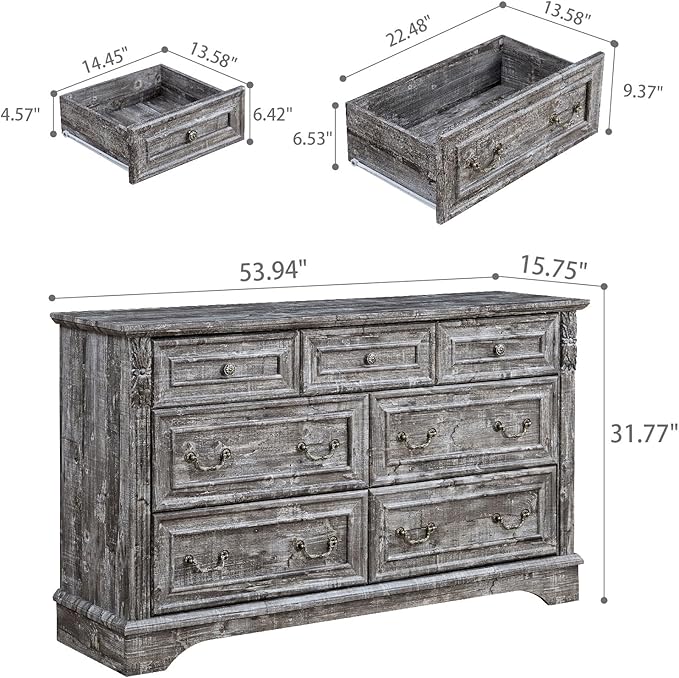 Farmhouse 7 Drawers Dresser, Dressers for Bedroom, 54" Wide Wood Rustic Chest of Drawers with Carved Pilasters, Storage Organizer, Living Room, Hallway, Light Gray