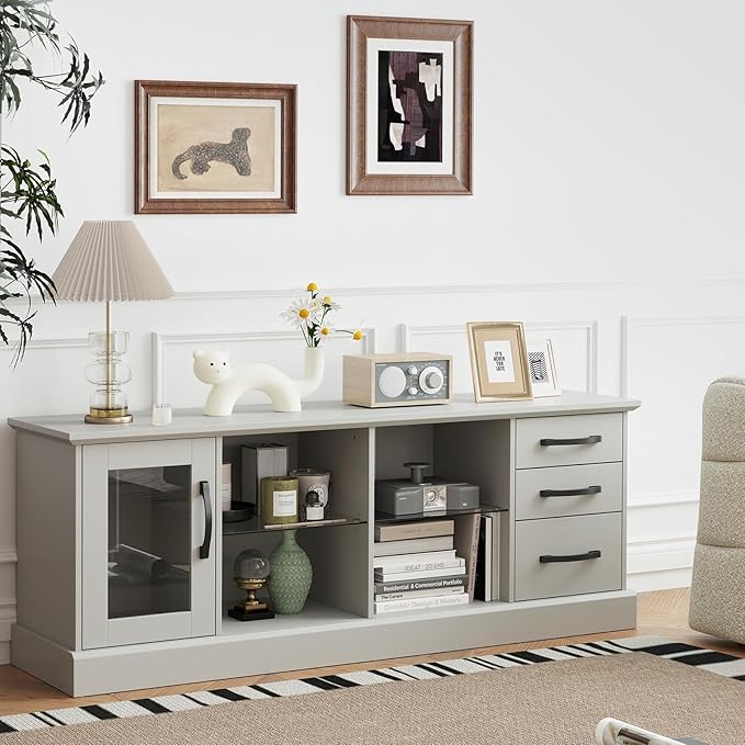 Giantex Farmhouse TV Stand for 73 Inch TV, Wood TV Console Table w/Removable Glass Shelves, Cable Management Holes & Drawers, Rustic Entertainment Center with Storage for Living Room, Bedroom, Grey