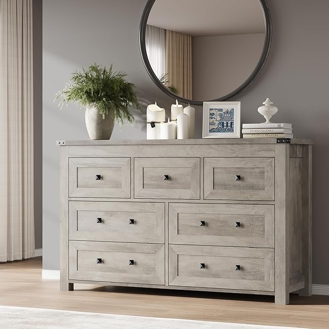 7-Drawer Dresser, Modern Wooden Storage Chest of Drawers, Dresser TV Stand, Wood Drawer Organizer with Metal Handles for Bedroom, Living Room, Hallway