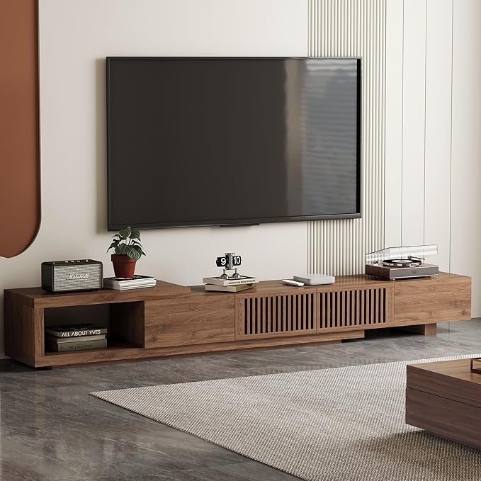 Modern Walnut TV Console for 75+ Inch Screen – Extendable Wood Media Unit (78"-103") with Grille Doors and Drawers, Great for Living Rooms & Bedrooms