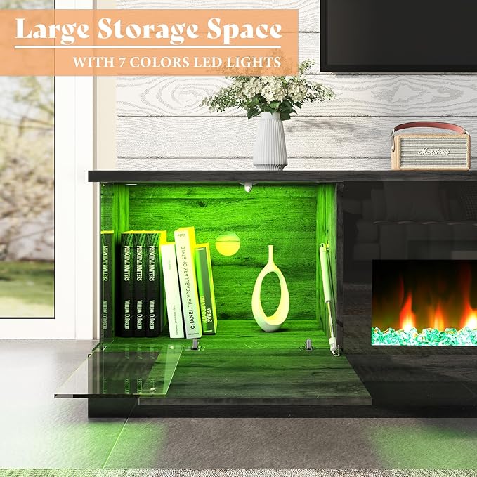 AMERLIFE Glossy Oak Fireplace TV Stand with 40" Fireplace, 80" LED Lights Entertainment Center with Flip Doors & Corner Glass Decor, Modern TV Console Table for TVs up to 90", Living Room, Black