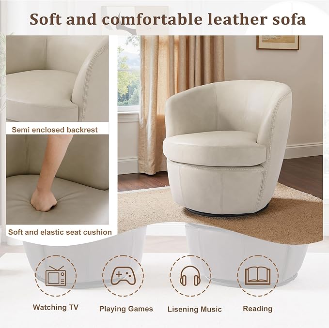 Swivel Barrel Chair, Modern Round PU Leather Accent Armchair for Living Room, Bedroom, Comfy Club Reading Chairs for Adults (Leather Beige, Set of 2)