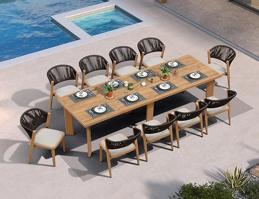 PURPLE LEAF 11-Piece Patio Dining Set Outdoor Furniture Rectangular Table and Chairs Set with Aluminum Frame and Teak-Finish for Garden Deck Backyard Kitchen Sunlit Teak Outdoor Set