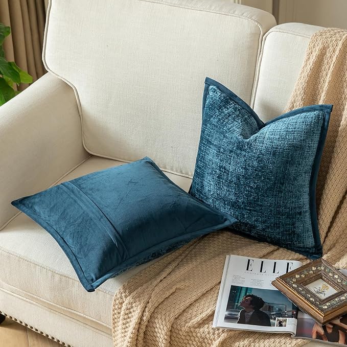 Yaertun Pack of 2 Chenille Textured Decorative Throw Pillow Covers Accent Solid Cushion Cover Soft Cozy Pillow Case with Velvet Back for Couch Sofa Bed Living Room 26x26 Inch Blue