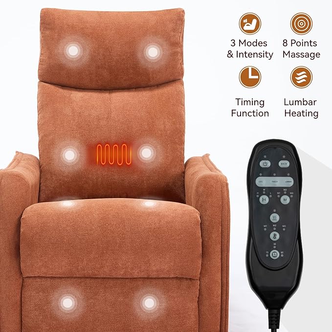 Massage Rocker Swivel Recliner Chair for Adults, Manual Recliner Glider with Lumbar Heating, Technical Flannel Fabric Nursery Glider Rocking Chair with Vibration Massage for Living Room - Orange