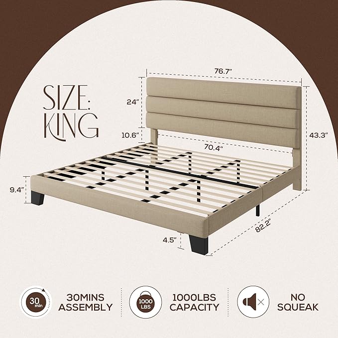 WEEWAY King Bed Frame Platform Bed with Linen Fabric Upholstered Headboard and Wooden Slats Support, Heavy Duty Mattress Foundation, No Box Spring Needed, Easy Assembly, Beige
