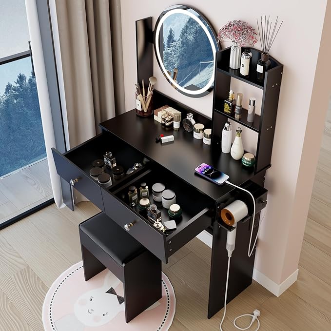 31.5" Small Vanity Desk with Round Mirror and Lights, Makeup Table with 2 AC+2 USB Power Station, Hair Dryer Bracket, Vanity Set with Drawers and Stool for Small Space Bedroom, Black