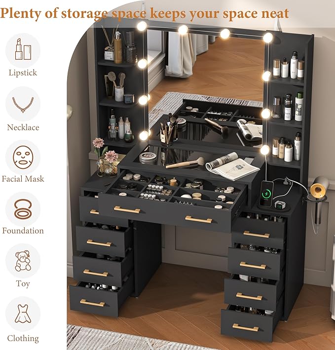 Glass Top Vanity Desk with Mirror and Lights, Large Vanity Makeup Mirror Desk with Charging Station Compartment Storage Drawers, Modern Makeup Vanity with 9 Drawers 6 Shelves, Black