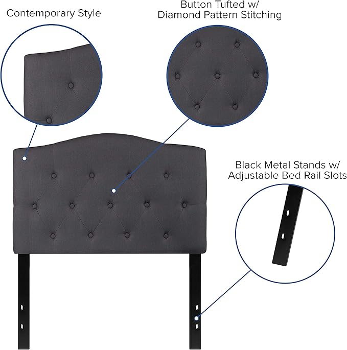 EMMA + OLIVER Twin Size Tufted Upholstered Headboard with Adjustable Metal Bed Rail Slots, Modern Fabric Upholstered Twin Headboard, Dark Gray