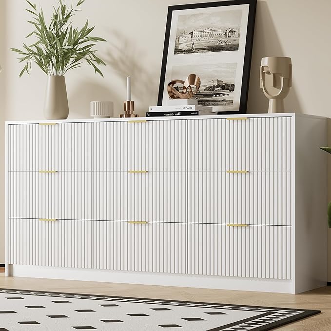 White Dresser for Bedroom, Modern 9 Drawer Dresser with Smooth Slides and Gold Handles, Wide Bedroom Chest for Living Room, Closet, 63" W x 15.7" D x 31.5" H