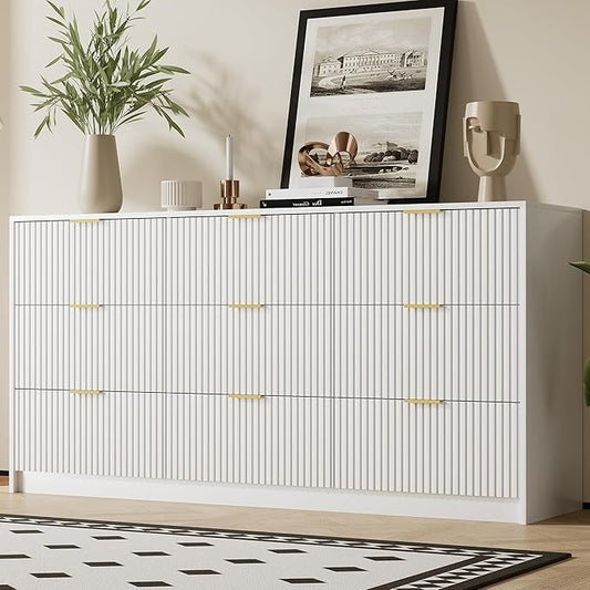 White Dresser for Bedroom, Modern 9 Drawer Dresser with Smooth Slides and Gold Handles, Wide Bedroom Chest for Living Room, Closet, 63" W x 15.7" D x 31.5" H