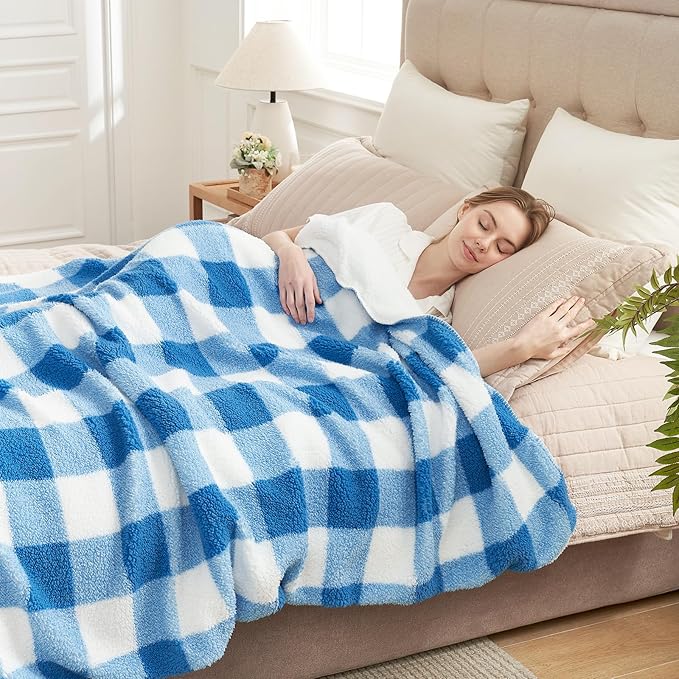 Cozy Bliss Ultra Soft Reversible Double Sherpa Sided Blanket, Buffalo Plaid Throw Blanket Fluffy Thick Warm Plush Fuzzy Blanket for Couch, Bed and Gifts (Light Blue, 60" x 80")