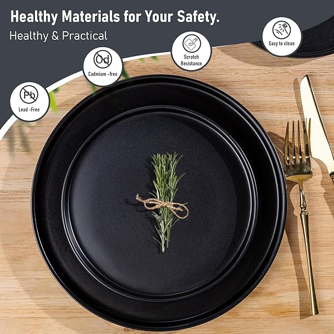 GBHOME Ceramic Dinnerware Sets for 8, Stoneware Plates and Bowls Sets, Chip and Scratch Resistant Dishes, Dishwasher & Microwave& Oven Safe Dishes sets, Reactive Glaze-Black