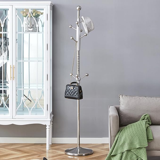 Solid Wood Coat Rack Freestanding, 77" Adjustable Hall Tree Hanger With Hooks, Coat Hanger Stand for Hanging Clothes Bags Hats in Living Room Bedroom