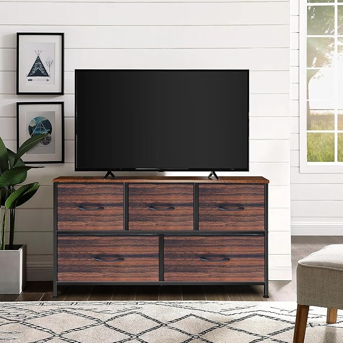 Dresser for Bedroom with 5 Drawers, Chest of Drawers, Storage Drawers Organizer Unit, Black Wide Fabric Dresser with Fabric Bins for Closet, Living Room, Bedroom (Brown and Rustic Brown)