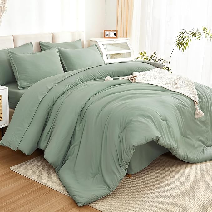 Litanika Comforter California King Size Set Sage Green - 7 Pieces Bed in a Bag California King Bedding Comforter Sets, Plain Lightweight Bed Set with Comforter, Sheets, Pillowcases & Shams