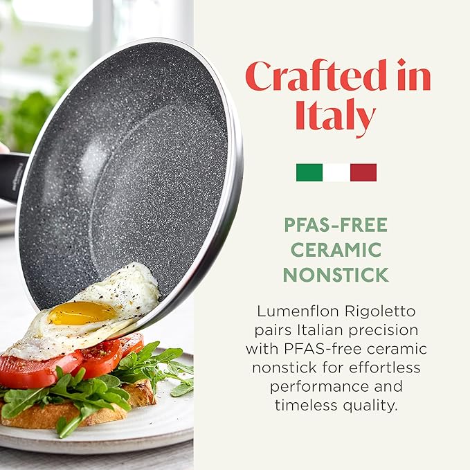 Rigoletto 11” Nonstick Frying Pan Skillet, Made in Italy, Vesuvio Layered Ceramic PFAS-Free Surface, Induction Ready, Dishwasher & Metal Utensil Safe, Granite Finish, Stay-Cool Handle, Black