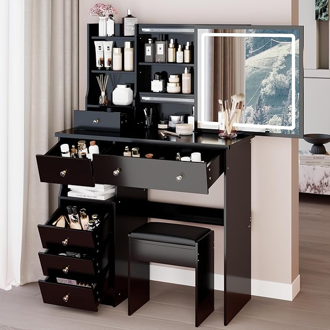 37" Vanity Desk with Mirror and Lights, Makeup Table with Led Lights and Sliding Mirror, 3 Lighting Colors, Vanity Set with 6 Drawers and Stool for Bedroom, Black