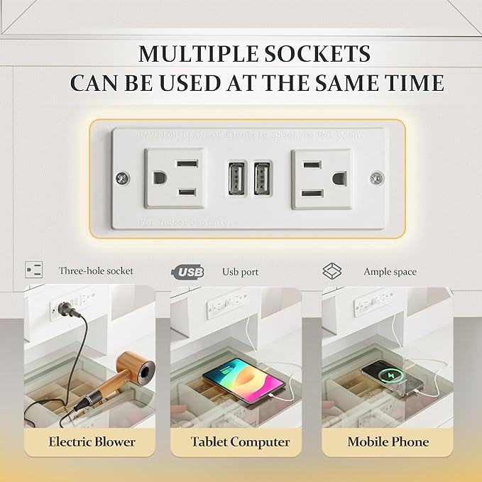 Makeup Vanity Desk with Mirror and Lights - Vanity Table Set with Glass Top Storage Drawer and Bench for Bedroom, in White and Gold