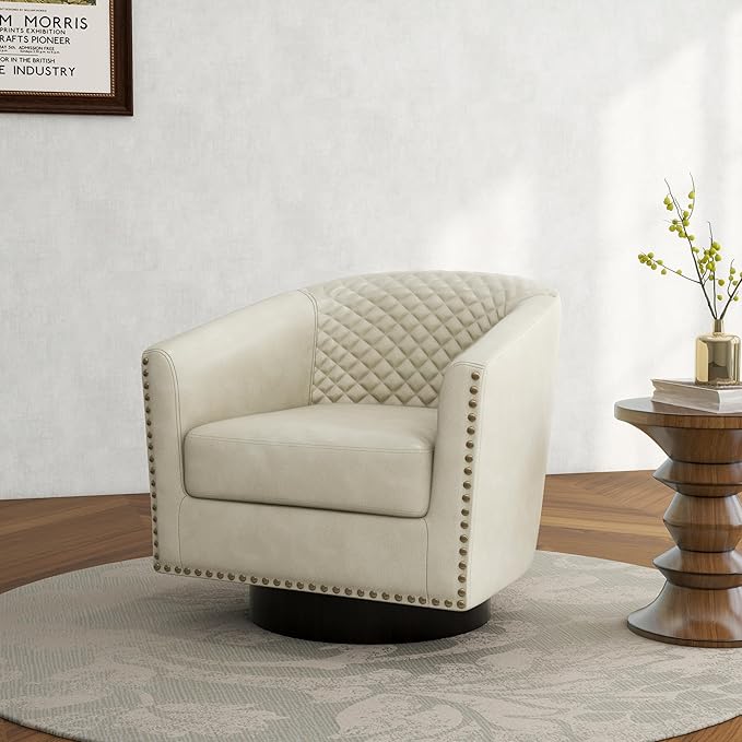 Swivel Barrel Accent Chair, Comfy Modern Upholstered Round Faux Leather Arm Chair for Living Room, Bedroom（Beige, Set of 2