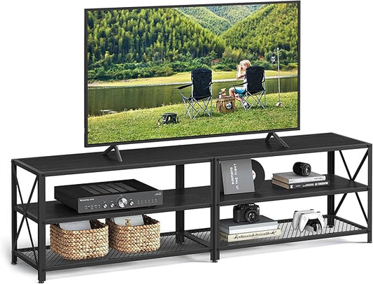 VASAGLE TV Stand, TV Console for TVs Up to 75 Inches, TV Table, 70.1 Inches Width, TV Cabinet with Storage Shelves, Steel Frame, for Living Room, Bedroom, Black with Wood Grain ULTV096B22