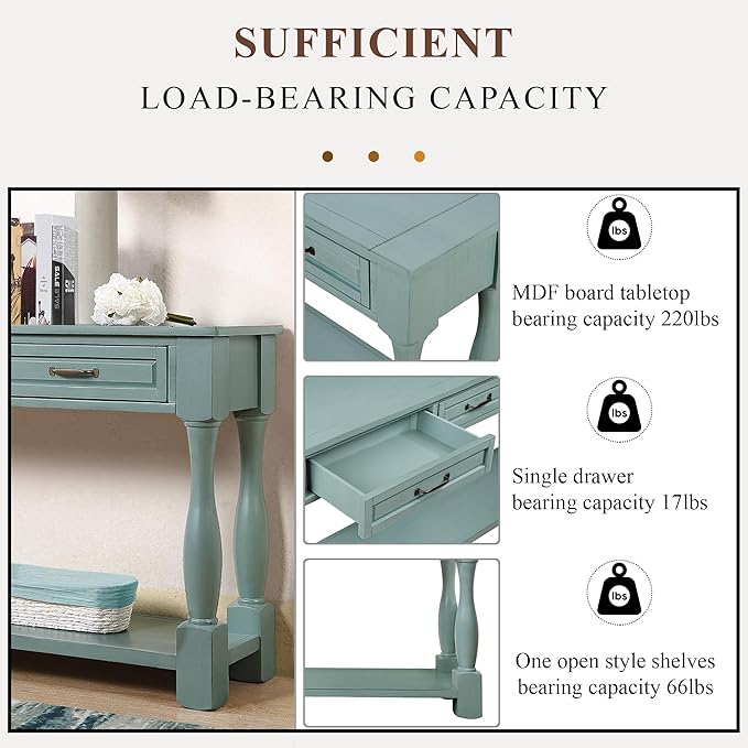 63inch Solid Wood Console Table with 3 Drawers and 1 Bottom Shelf Extra-Thick Sofa Table(Retro Blue)