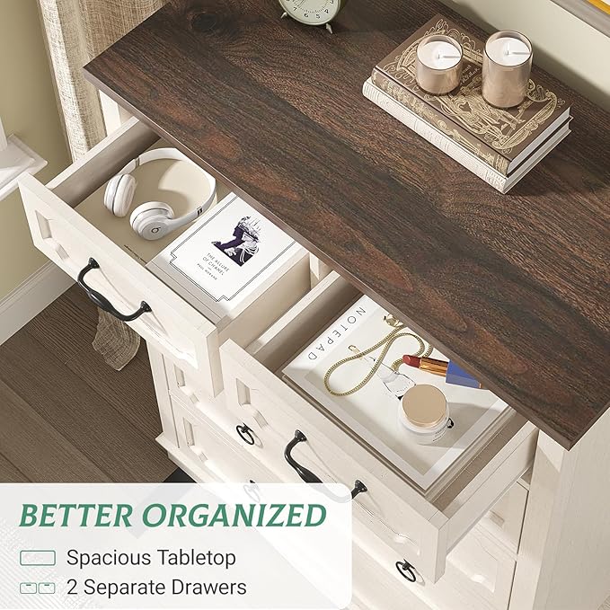 Maupvit 6 Drawer Dresser, 43" Tall Chest of Drawers for Bedroom, Farmhouse Dresser with Large Drawers & Metal Ring Pull Handles, Wood Dressers for Living Room, Hallway, Entryway, Antique White