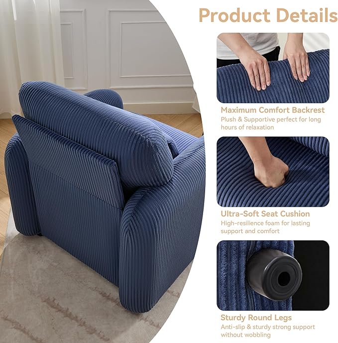 Corduroy Fabric Accent Chair, Modern Upholstered Living Room Chairs with Lumbar Pillow, Wide Comfy Leisure Armchair for Bedroom, Office, Reading, Blue