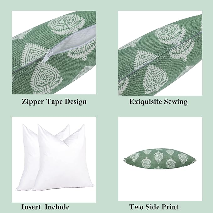 FUNHOME Outdoor Indoor Throw Pillows 18”x18”, Set of 2 Decorative Throw Pillows with Inserts, All Weather Water-Repellent Square Pillows for Bed, Couch, Sofa and Patio Furniture -Fair Green