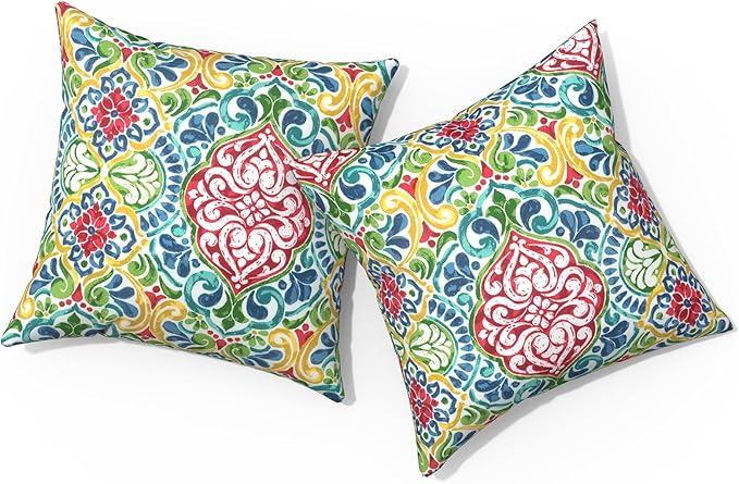 Outdoor Pillows for Patio Furniture 16x16 inch, Square Outdoor Throw Pillows with Inserts, Decorative Patio Pillows for Garden Couch Home Sofa Office Chair, Pack of 2,Damask Red