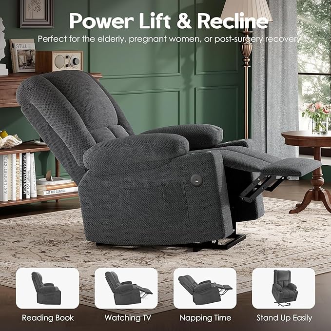 Electric Power Lift Recliner Chair,Reclining Chair with 8 Massage for Elderly,Recliner Single Sofa with 2 Cup Holders,Side Pockets,USB Charge Port,Remote Control for Living Room,Bedroom,Gray