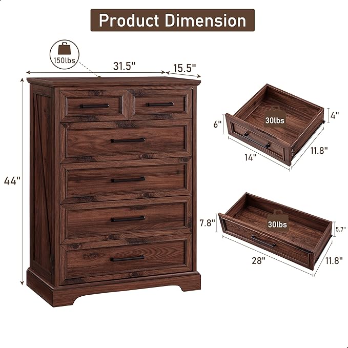 6 Drawer Dresser, Farmhouse Chest of Drawers for Bedroom, 44" Tall Dresser with Large Metal Handles, Wood Drawer Organizer for Living Room, Hallway, Closet - Brown
