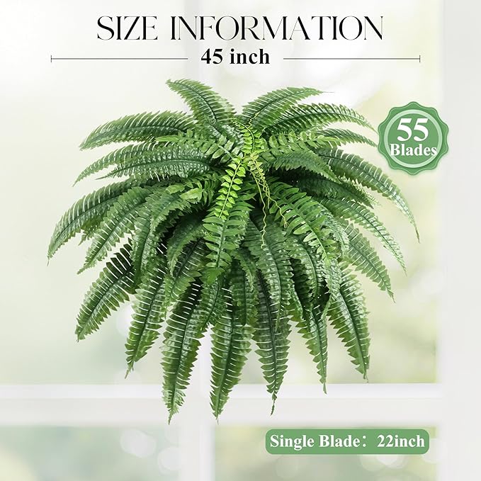 ALAGIRLS Set of 2 45 Inch Artificial Boston Fern Bush with 55 Branches, Large Faux Ferns for Outdoors, Artificial Plants Suitable for Office & Living Room Decor, UV-Resistant（Pot is not Included）