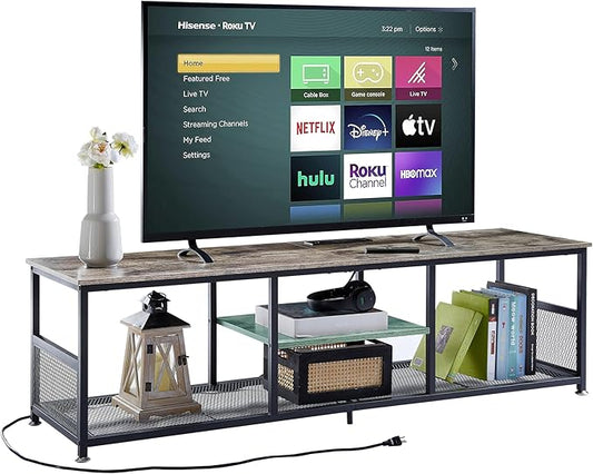 VECELO TV Stand with Power Outlets for Televisions up to 75Inch, 62" Media Entertainment Center with Charging Station 3-Tier Open Storage Shelves with Metal Frame for Living Room/Bedroom，Grey