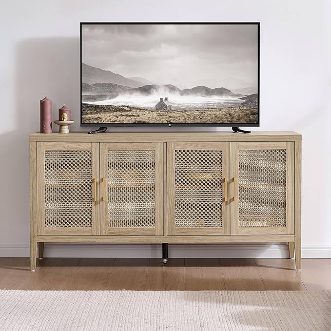 SICOTAS TV Stands for Living Room Bedroom - Farmhouse Entertainment Center TV Console with 4 Doors Cabinet, 59" Boho Television Stands Media Console Credenza for 45 50 55 60 65 Inch TVs, Light Walnut