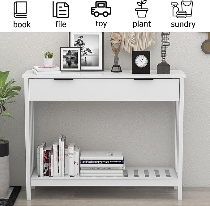TaoHFE White Narrow Console Table with Storage Modern Wood Entryway Table with Drawer Hallway Table Sofa Tables for Living Room, Entrance Tables for Front Door Corridor, Office, White