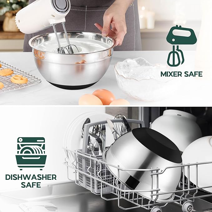 Mixing Bowls with Lids Set of 6 for Kitchen, Stainless Steel Metal Nesting Bowls with Non-Slip Bottom Black - Size 1, 1.5, 2, 2.6, 3.5, 7QT