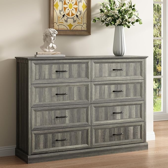 CARPETNAL Farmhouse 8 Drawer Dresser for Bedroom, 55 Inch Wide Modern Grey Dresser TV Stand with Large Drawers & Bar Handles, Rustic Wood Chest of Drawers for Bedroom, Living Room, Hallway, Entryway.