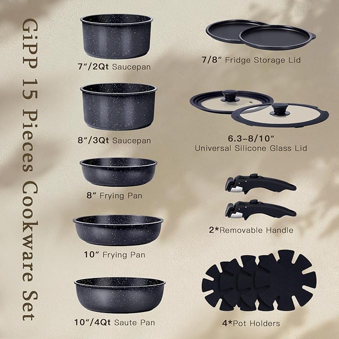 GiPP Ceramic Pots and Pans Set Non Stick, Nonstick Detachable Handle Cookware Sets, Healthy Non Toxic PFAS PFOA & PTFE Free, Dishwasher ＆Oven Safe, Induction Kitchen Pot and Pan, 15 Piece Grey