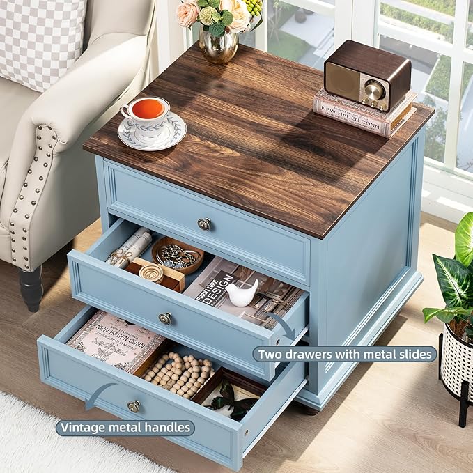 24" Wide Farmhouse Night Stand Set of 2,Large End Table with 3 Drawers & Metal Handle,Wood Dresser for Bedroom Cabinet,Light Blue Bed Side Table Chest of Drawers,Nightstand for Living Room