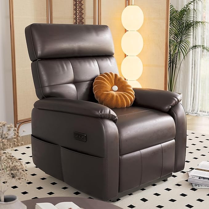 Claiks Zero Gravity Recliner Chair, Oversized Reclining Chair for Adults, Adjustable Electric Reclining Sofa Lounge with USB&Type-C Ports, Side Pocket, for Living Room, PU Leather, Dark Brown