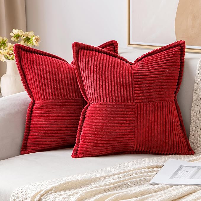 MIULEE Christmas Decorative Euro Sham Throw Pillow Covers for Couch Bed Livingroom 24x24 Inch Set of 2 Red Boho Accent Throw Pllows Broadside Striped Patchwork Soft Corduroy Pillowcases