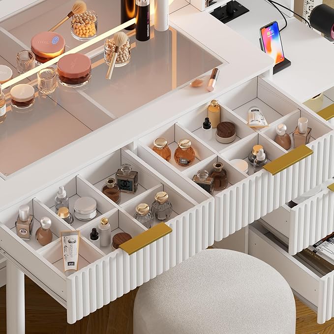 Makeup Vanity Desk with Mirror and Lights & Charging Station,Modern Glass Top Big Vanity Table with 5 Drawers,Sliding Storage Wall-Mounted Jewelry,3 Shelves for Bedroom,White